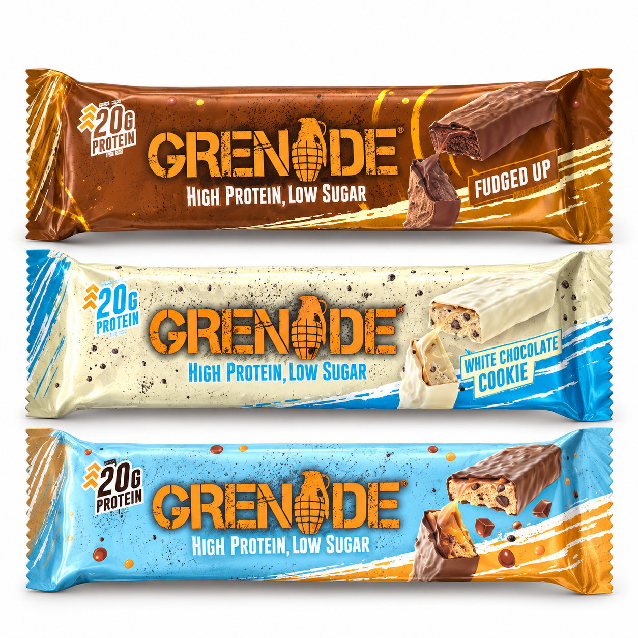 Grenade High Protein Low Sugar Bar Selection - 60g - Fudged Up Flavor | White Chocolate Cookie Flavor | White Chocolate Salted Peanut Flavor