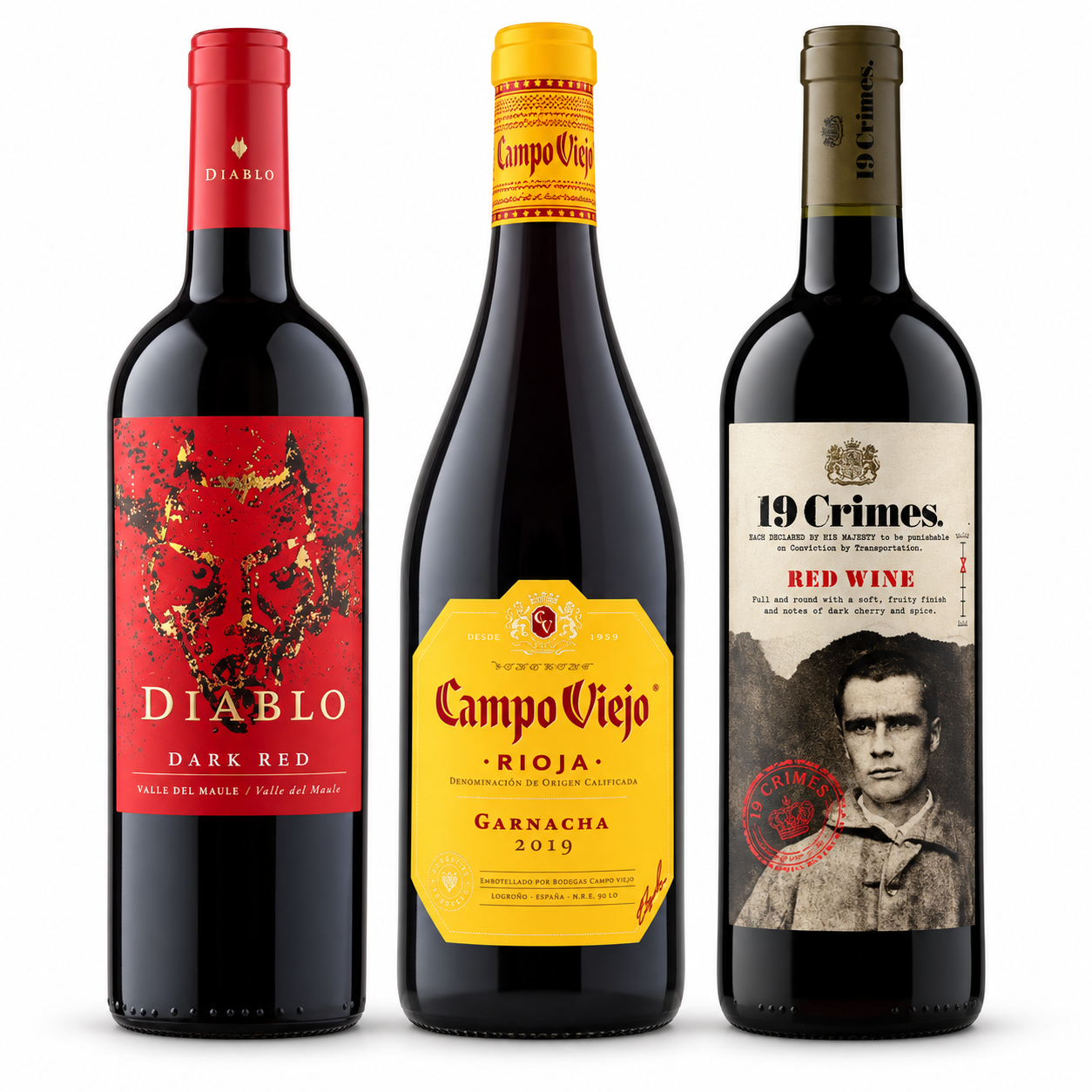 Selected Premium Red Wines (Campo Viejo Rioja Garnacha, 19 Crimes Red, Diablo Dark Red), Special Offer at £8.49 Each (75cl)